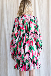 Green Colorful Floral Print Button Up Drawstring Dress