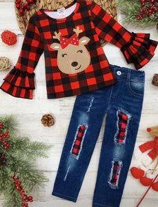 Red Buffalo Plaid 2pc Denim Outfit