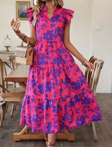 Pink and Purple Floral Flutter Sleeve Tier Ruffle Midi Dress