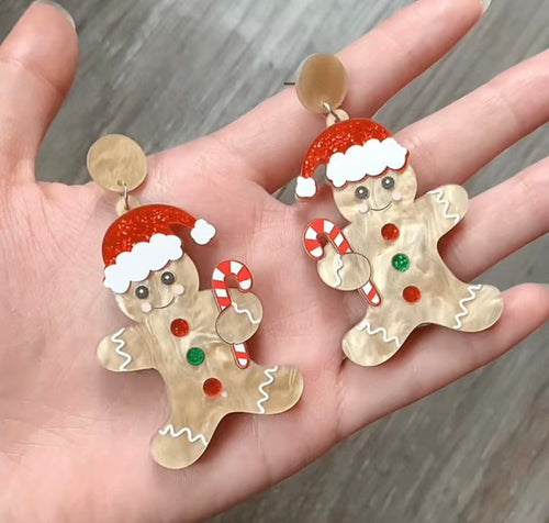 Christmas Gingerbread Man with Candy Canes Acrylic Dangle Earrings