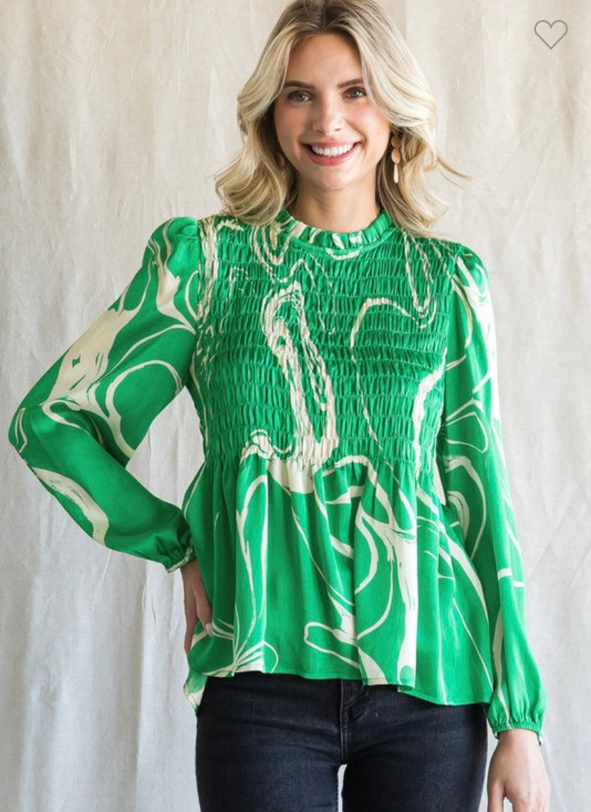 Kelly Green Satin Swirl Print Smocked Baby Doll Top