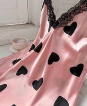 Pink Satin V-Neck Black Heart Slip Nightgown with Lace