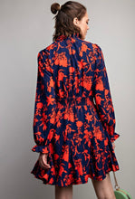 Royal Blue & Red Floral Printed Challis Mock Neck Dress