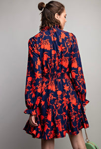 Royal Blue & Red Floral Printed Challis Mock Neck Dress