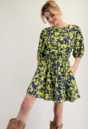 Lime & Blue Peach Blossom Print Woven Dress