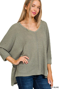 Lt Olive 3/4 Sleeve V-Neck Hi-Low Hem Jacquard Sweater