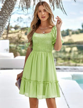 Green Smocked Square Neck Puff Sleeve Dress