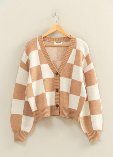Taupe/Cream Checkered Button Front Cardigan Sweater