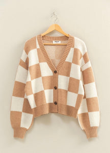 Taupe/Cream Checkered Button Front Cardigan Sweater
