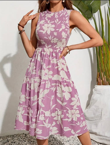 Lavender Floral Smocked Sleeveless Tier Ruffle Midi Dress