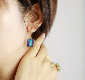 Multi Color Crackling Square Dangle Earrings