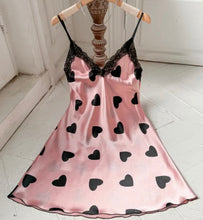 Pink Satin V-Neck Black Heart Slip Nightgown with Lace