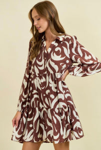 Chocolate Leaf Printed Poplin Half Button Down Mini Dress