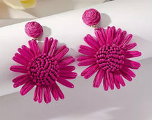 Magenta Hand-Woven Raffia Sun Flower Dangle Earrings