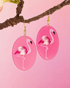 Pink Oval Flamingo Acrylic Dangle Earrings