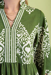 Olive Printed Tiered Dress with 3/4 Length Bell Sleeves