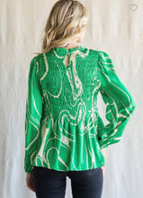 Kelly Green Satin Swirl Print Smocked Baby Doll Top