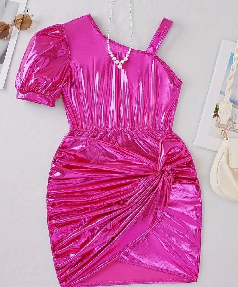 Hot Pink Girls Metallic Foil Dress Pretty In Pink Boutique, LLC Hot Pink Girls Metallic Foil Dress Pretty In Pink Boutique, LLC