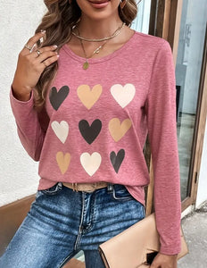 Pink Valentine's Day Heart Print Long Sleeve Tee