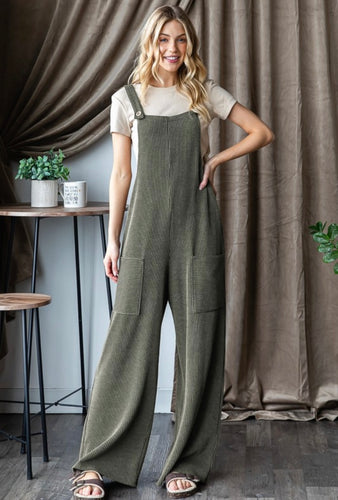 Olive Sleeveless Solid Urban Ribbed Wide Leg Jumpsuit