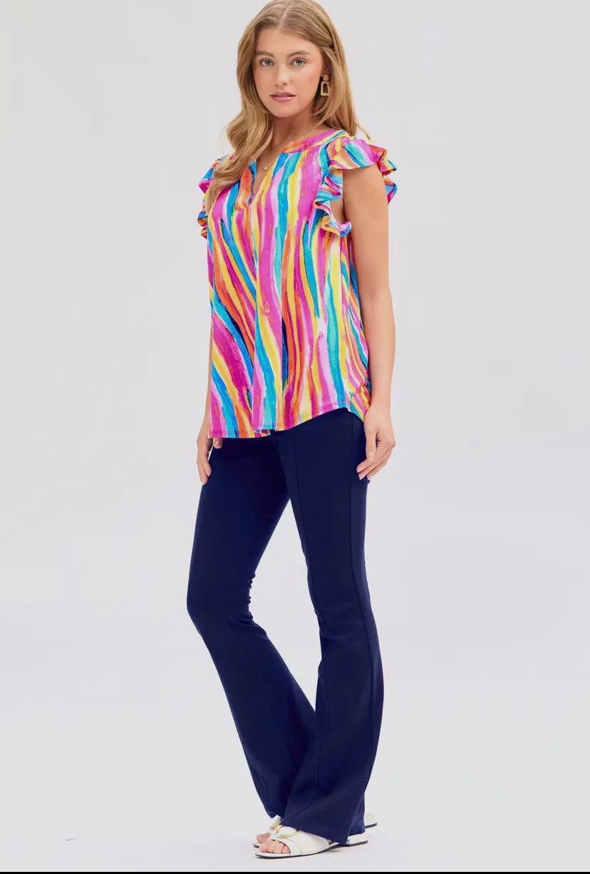 Rainbow Striped Flutter Sleeve Top