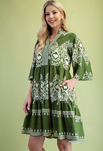 Olive Printed Tiered Dress with 3/4 Length Bell Sleeves