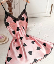 Pink Satin V-Neck Black Heart Slip Nightgown with Lace