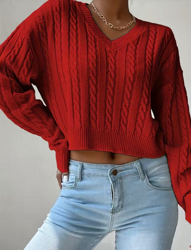 Red Cable Knit V Neck Cropped Pullover Sweater