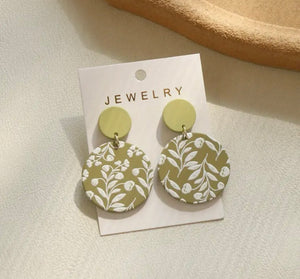 Green Floral Round Polymer Clay Dangle Earrings