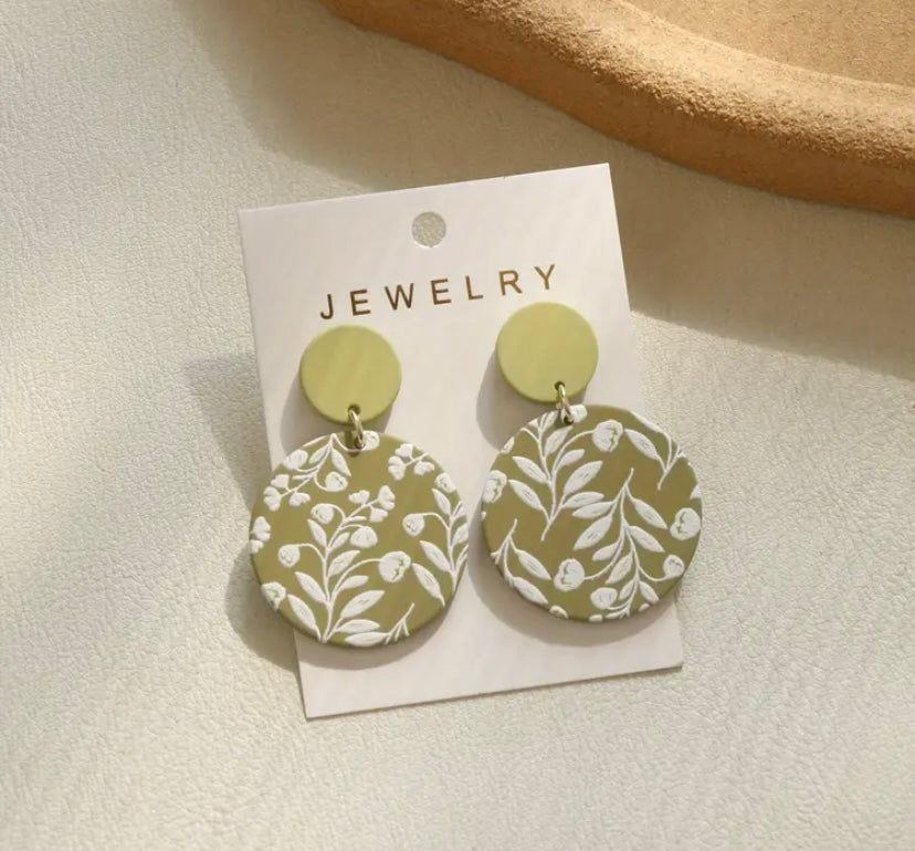 Green Floral Round Polymer Clay Dangle Earrings