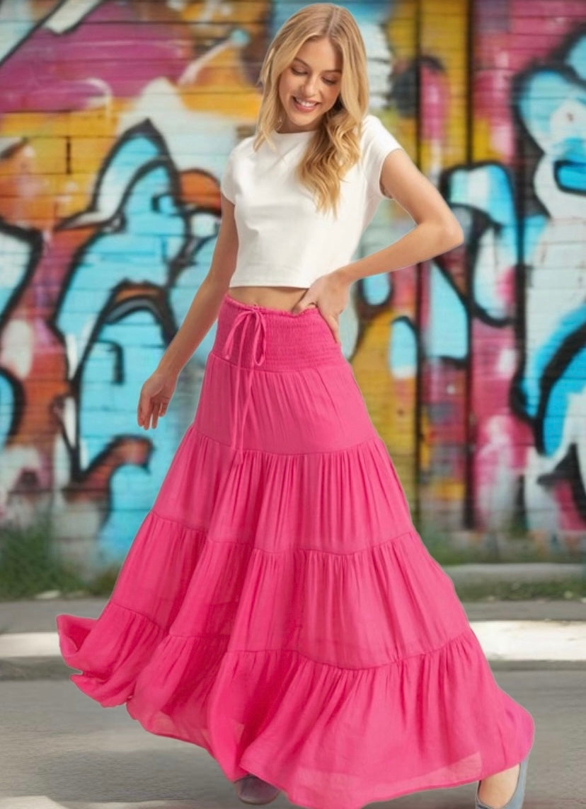 Hot Pink Tiered Smocked Waist Maxi Skirt