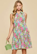 Coastal Dusk Green/Pink Multi Tropical Print Collared Summer Midi Dress
