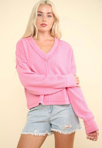 Pink Casual Comfy Soft V-Neck Knit Top
