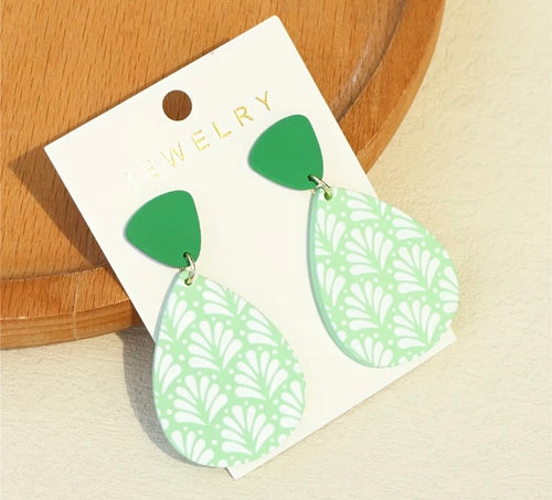 Green Leaf Pattern Teardrop Shaped Acrylic Dangle Earrings