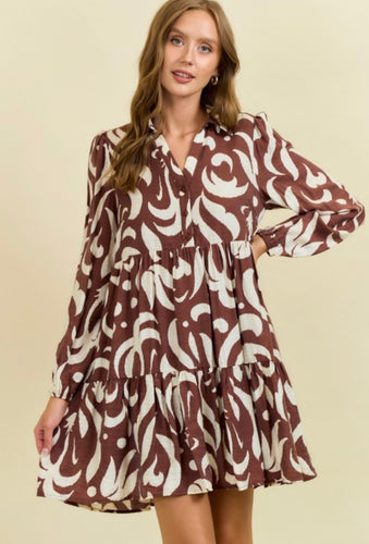 Chocolate Leaf Printed Poplin Half Button Down Mini Dress