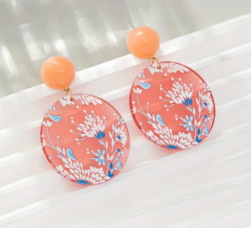Pink Floral Round Acrylic Dangle Earrings