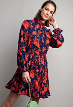 Royal Blue & Red Floral Printed Challis Mock Neck Dress