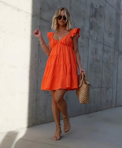 Orange Empire Waist Flutter Sleeve Tier Ruffle Mini Dress