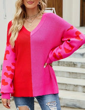 Hot Pink Color Block Red Leopard Print V Neck Sweater