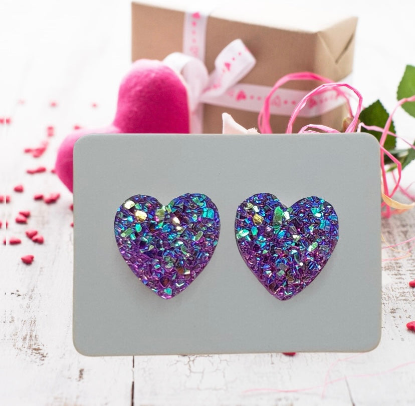 Purple Glitter 10mm Heart Stud Earrings