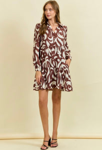 Chocolate Leaf Printed Poplin Half Button Down Mini Dress