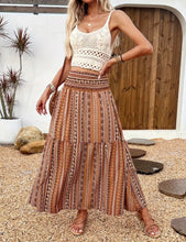 Brown Tribal Print Smocked Waist Boho Skirt