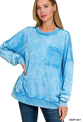 Deep Sky Blue French Terry Acid Wash Front Pocket Pullover Sweatshirt