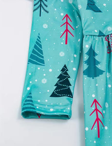 Blue Christmas Tree and Snowflake Long Sleeve Dress
