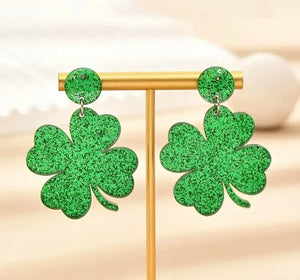 Green Glitter Round St. Patrick's Day Clover Dangle Earrings