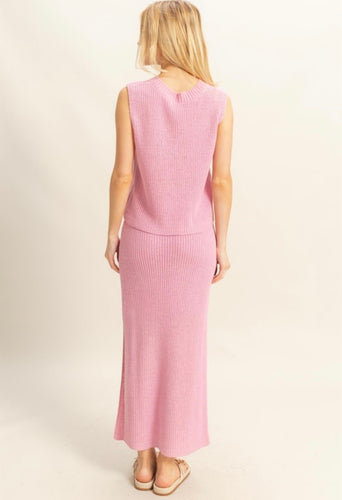 Pink V-Neck Knit Vest and Fitted Skirt Set