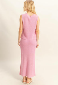 Pink V-Neck Knit Vest and Fitted Skirt Set