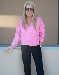 Pink Casual Comfy Soft V-Neck Knit Top