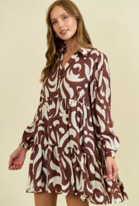 Chocolate Leaf Printed Poplin Half Button Down Mini Dress