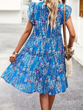 Blue Floral Butterfly Sleeve Tier Ruffle Dress